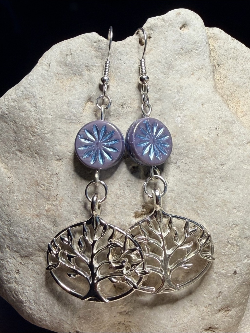 ✨Handmade✨Silver Tree of Life Earrings w/ Lavender Blue Accent - Hypoallergenic